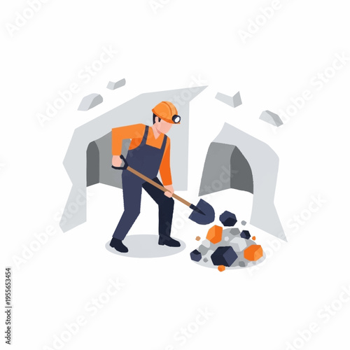 Isometric illustration of a miner working in a mine with a shovel.