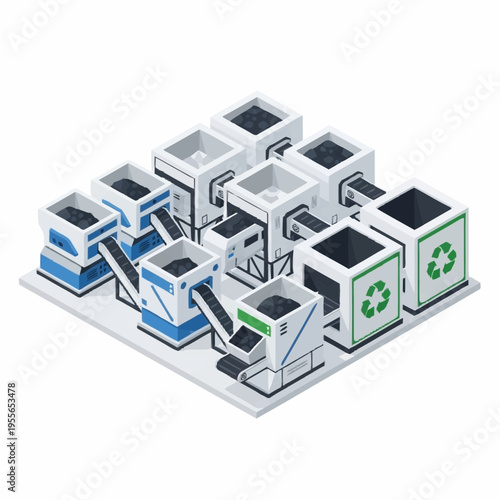 Isometric illustration of a modern waste sorting and recycling facility.
