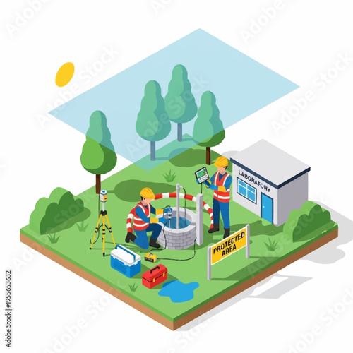 Isometric illustration of engineers conducting water quality testing at a well site.
