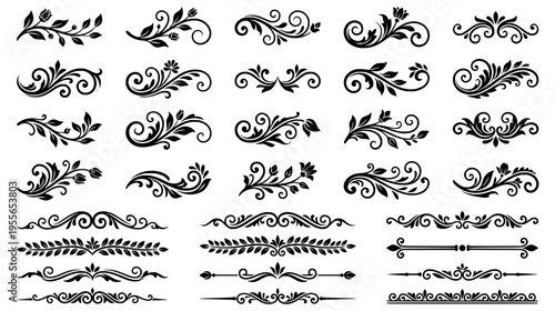 Black decorative floral ornaments collection with elegant swirls flourishes and ornamental page dividers