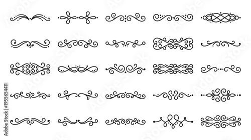 Collection of elegant black calligraphic flourishes and decorative page dividers for stationery design