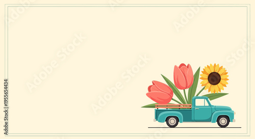 Vintage Turquoise Pickup Truck Carrying Spring Flowers Tulips and Sunflower Illustration with Copy Space Background