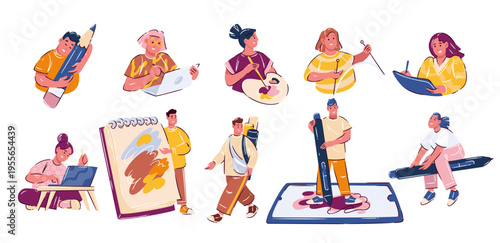 Graphic designers cartoon characters set learning illustration and drawing with tablet, stylus, pencil, sketchbook and canvas. Art education, design course, creative school, cartoon vector illustratio