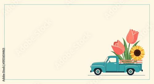 Vintage Turquoise Pickup Truck Illustration with Giant Pink Tulips and Sunflower; Flat Vector Design on Cream Background with Copy Space for Spring and Summer Themes