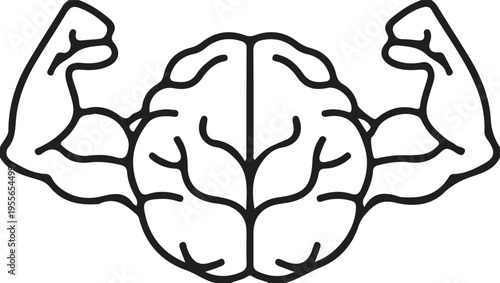 A minimalist black and white line art illustration featuring a human brain with muscular arms
