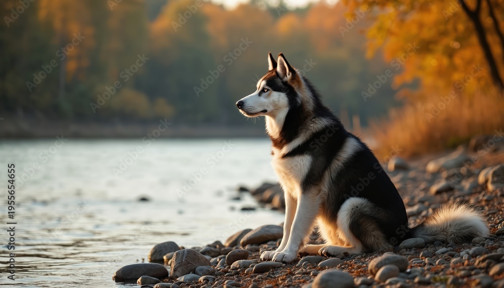 Obraz premium Siberian husky dog sits on riverbank rocks during autumn. Pet looks at horizon across water with calm expression. Trees with fall colors surround wild nature landscape.