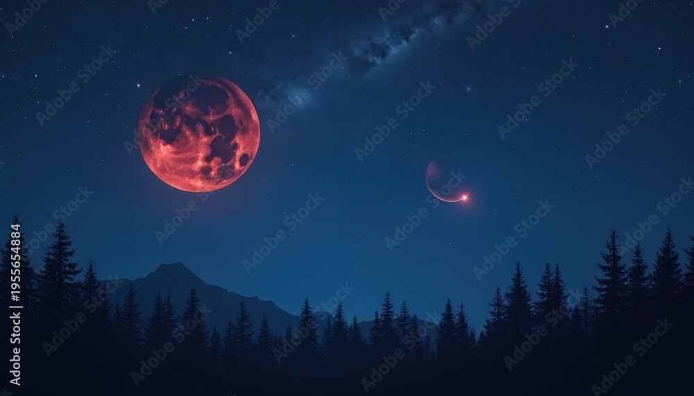 Fototapeta premium Crimson moon and crescent planet glow in dark starry sky. Dark forest and mountain silhouettes stand below a vast expanse of space. Night sky filled with celestial bodies and cosmic wonders.