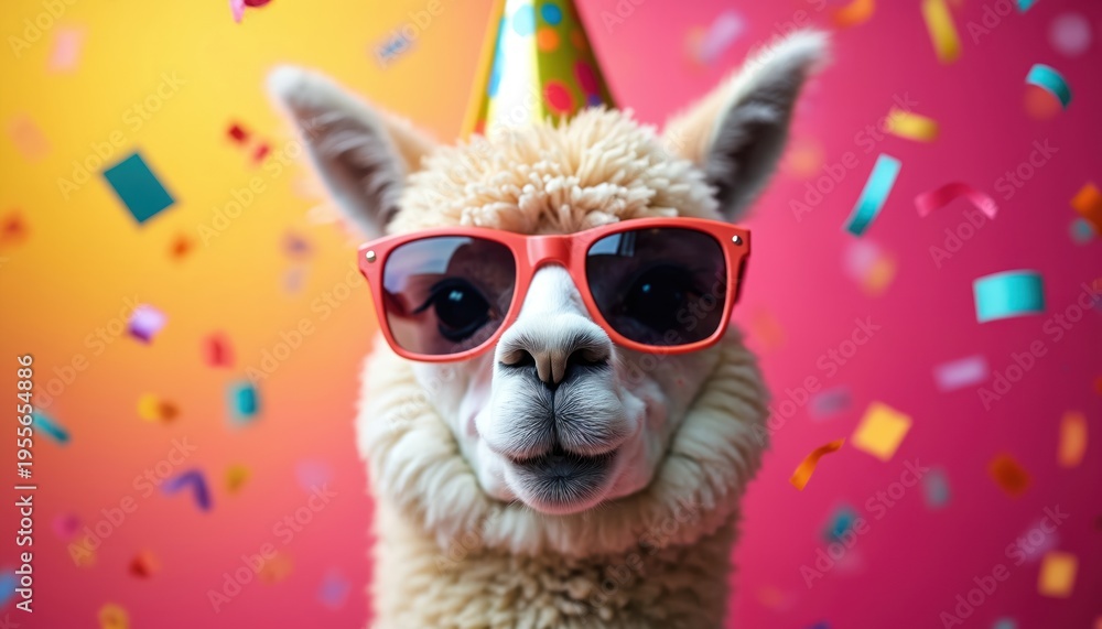 Fototapeta premium Llama wears sunglasses and party hat. Confetti falls around fluffy animal celebrating birthday. Fun alpaca with cool eyewear smiles on pink background.