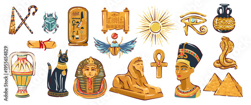 Ancient Egyptian symbols set with ankh, scarab, Eye of Horus, papyrus scroll, sun disk, sphinx, pyramids, ritual objects and artifacts. Ancient Egypt symbols set, vector illustration