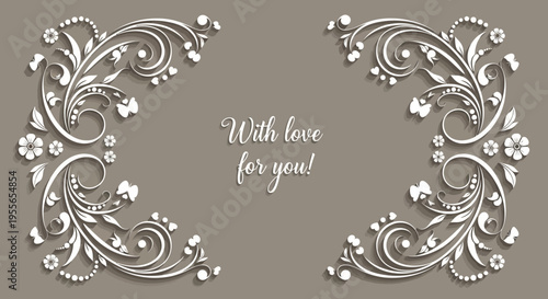 Elegant Floral Greeting Card Background with Paper Cut Swirls and Romantic Hearts, Vintage Style White Ornaments on Taupe Background