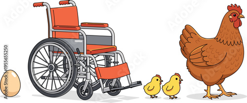 Wheelchair Accessibility Concept Vector Illustration with Egg, Chicks and Hen, Inclusive Design Symbol with Farm Animals Creative Composition