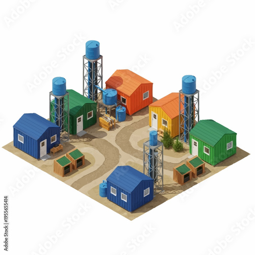 Miniature Model Village with Colorful Houses and Water Towers.