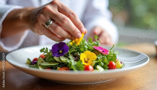 Chef adds bright edible flowers to fresh green salad on white plate. Healthy meal with vegetables tomatoes cucumber, garden herbs and green leaves for fine dining.