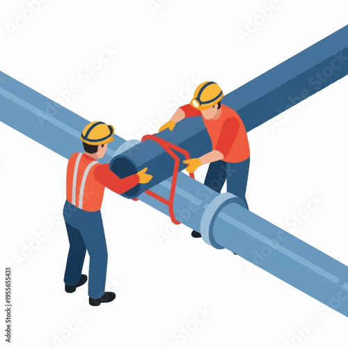 Two workers in hard hats connecting large blue pipes.