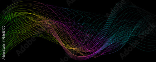 Art & wave line blend form. Abstract purple blue green flowing lines design element. Dynamic neon line smoky shape. Sound waves or ai illustration concept. Vector curved 