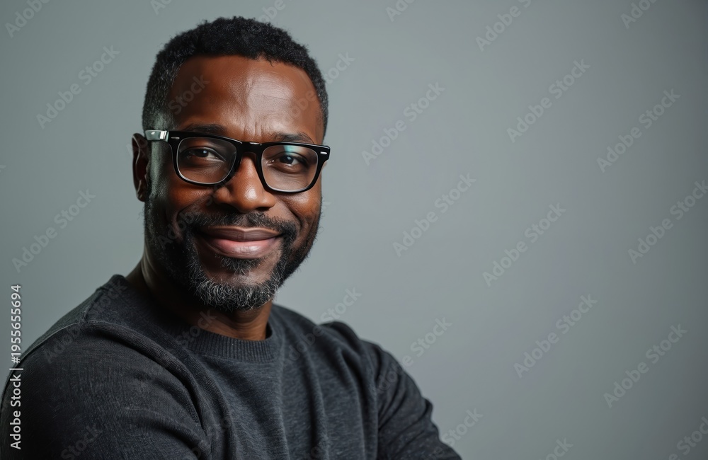 Fototapeta premium Smiling Black man with glasses wears dark sweater. He has a beard and short hair. Studio portrait with grey background. He looks confident and friendly. Professional headshot.