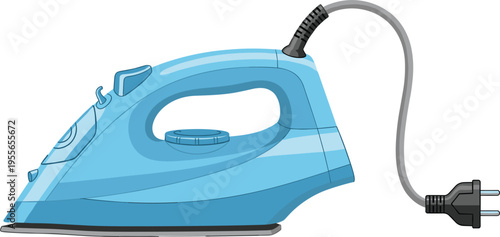 Electric Steam Iron Appliance Vector Illustration with Power Cord, Household Laundry Equipment, Modern Flat Design Isolated on White Background