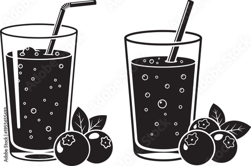 Two glasses of blueberry juice or smoothie with fresh blueberries and straws, stylized black and white graphic illustration, Food And Drink