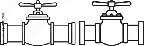 Two Water Valves, Industrial Plumbing Fixtures with Handles, Schematic Line Art for Plumbing and Water Systems, Water Valve