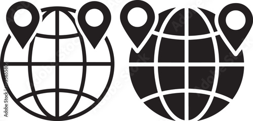 Two black and white globe icons with location pins, representing travel, navigation, and global connection concepts, Business Travel