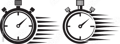 Two stylized stopwatch icons in black and white with motion blur effect, symbolizing speed, time, and performance