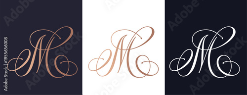 Elegant M letter logo monogram in luxury style with flowing calligraphy lines, premium branding template for boutique, beauty salon and wedding business 
