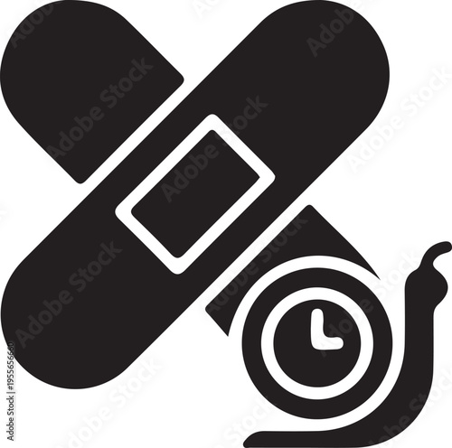 A black and white icon depicting a cross shaped adhesive bandage combined with a snail and clock