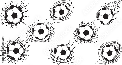 Soccer ball splash set dynamic motion effects ink burst fire spin monoline vector icons