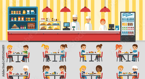School Cafeteria Scene with Children Eating Lunch, Food Counter Staff, Dining Tables and Interior Flat Vector Illustration Collection