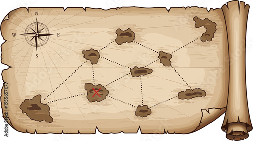 Treasure Map Vector Illustration on Vintage Scroll with Compass, Island Path and Marked X, Pirate Adventure Design Isolated on White Background