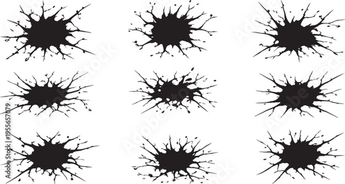 Ink splatter set black paint splash stains abstract grunge blot monoline vector collection  