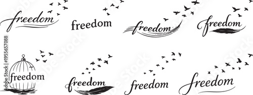 Freedom typography lettering set with flying birds and cage monoline script vector icons 