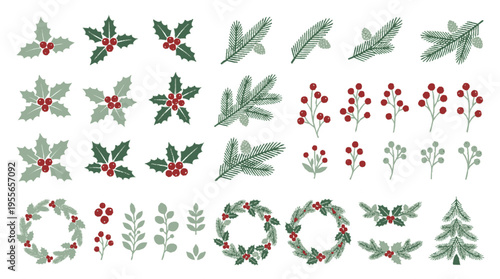 Highly detailed holiday foliage icons set with leaves berries and wreaths for christmas decor