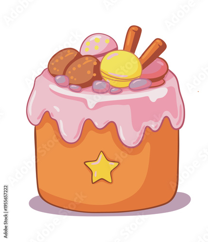 Traditional Easter Cake Kulich Decorated with Icing and Sprinkles