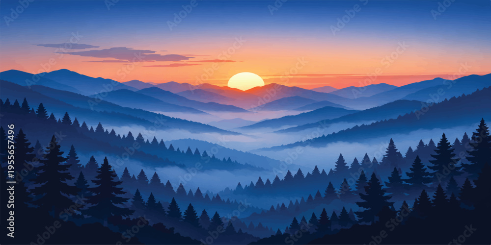 Obraz premium Sunrise over misty mountains with clouds glowing in the morning sky