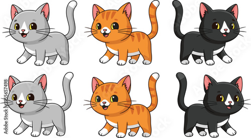 Cute Cartoon Cat Vector Illustration Set with Different Fur Colors, Adorable Kitten Characters Collection for Pets and Animal Design
