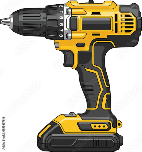 Cordless Power Drill Vector Illustration with Modern Electric Tool Design, Construction Equipment Icon for DIY, Repair and Industrial Work Use
