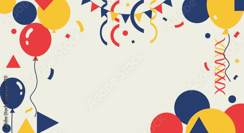 Vibrant party scene with colorful balloons and confetti floating in the air indoors