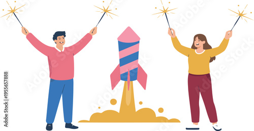 Joyful Couple Celebrating Holiday with Fireworks and Bengal Lights, Man and Woman Launching Firecrackers, Birthday Anniversary Vector Concept