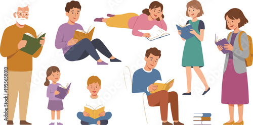 Cartoon Readers Vector Set with Happy People Reading Books, Children and Adults Enjoying Literature, Learning, Education, and Knowledge Illustration