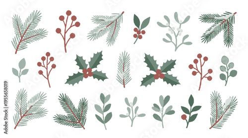 Nordic christmas botanical pack with elegant flat illustrations of holly mistletoe and pine branches in green and red on white background