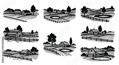Vintage style illustration of rural farm scenes with barns and fields