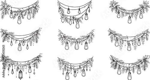 Boho floral garland line art set with hanging leaves bulbs monoline decorative vector icons