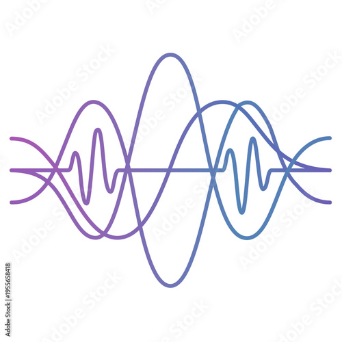 Brain Waves and Sound Frequency Visualization Line Icon. Minimalist vector icon showing overlapping sine and complex waveform lines with a purple-to-blue gradient. 