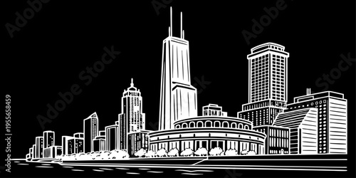 USA, US, U.S, United States - Chicago skyline lakefront minimal svg geometric line vector black white