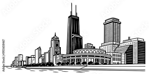 USA, US, U.S, United States - Chicago skyline lakefront minimal svg geometric line vector black white