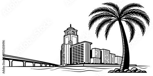 USA, US, U.S, United States - Fort Lauderdale skyline coastal minimal svg palm tree vector black white
