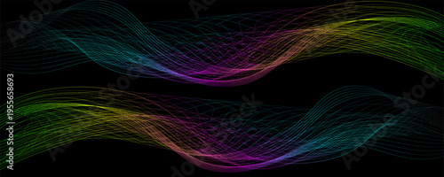 Art &  wave line blend form. Abstract purple blue green flowing lines design element. Dynamic neon line smoky shape. Sound waves or ai illustration concept. Vector curved pattern background