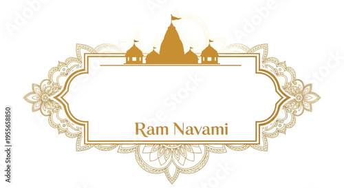 Golden illustration of a Ram Navami frame with temple silhouettes and ornate designs on a white background for social media or business decoration