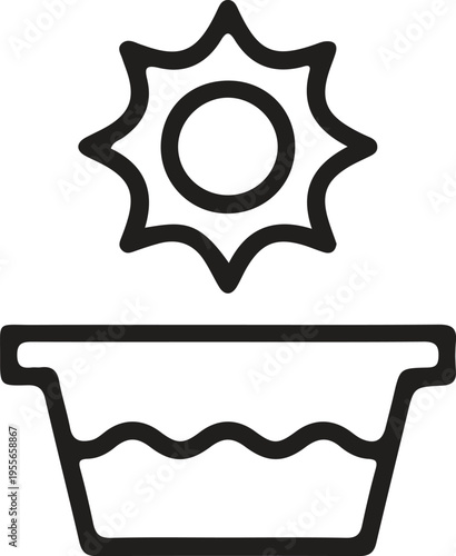 A minimalist line art icon depicting a bright sun shining over a filled basin of rippling water